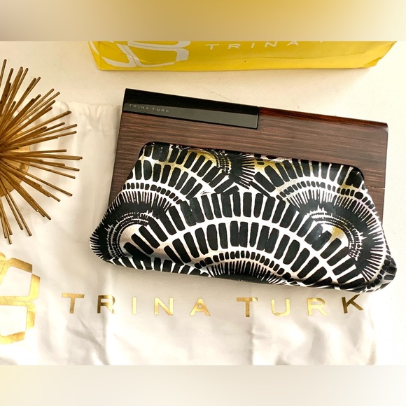 ✨RARE✨ TRINA TURK METALLIC LEATHER + WOOD Clutch Bag Purse NEW - Picture 4 of 16